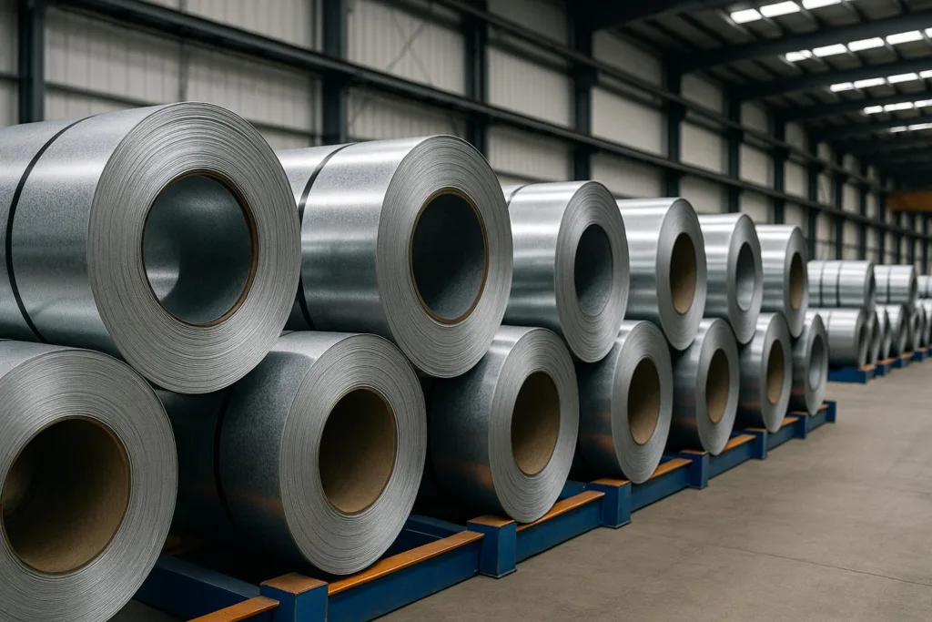 Galvanized steel coils neatly stored in an industrial warehouse