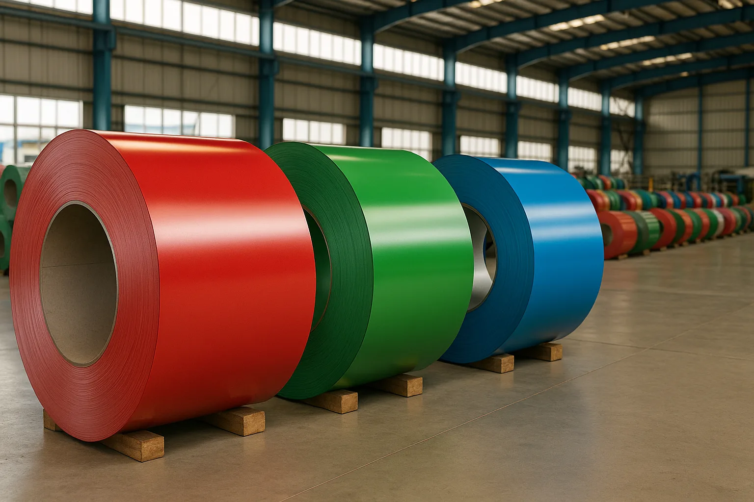 Color coated PPGI steel coils in red, green, and blue stacked in an industrial warehouse
