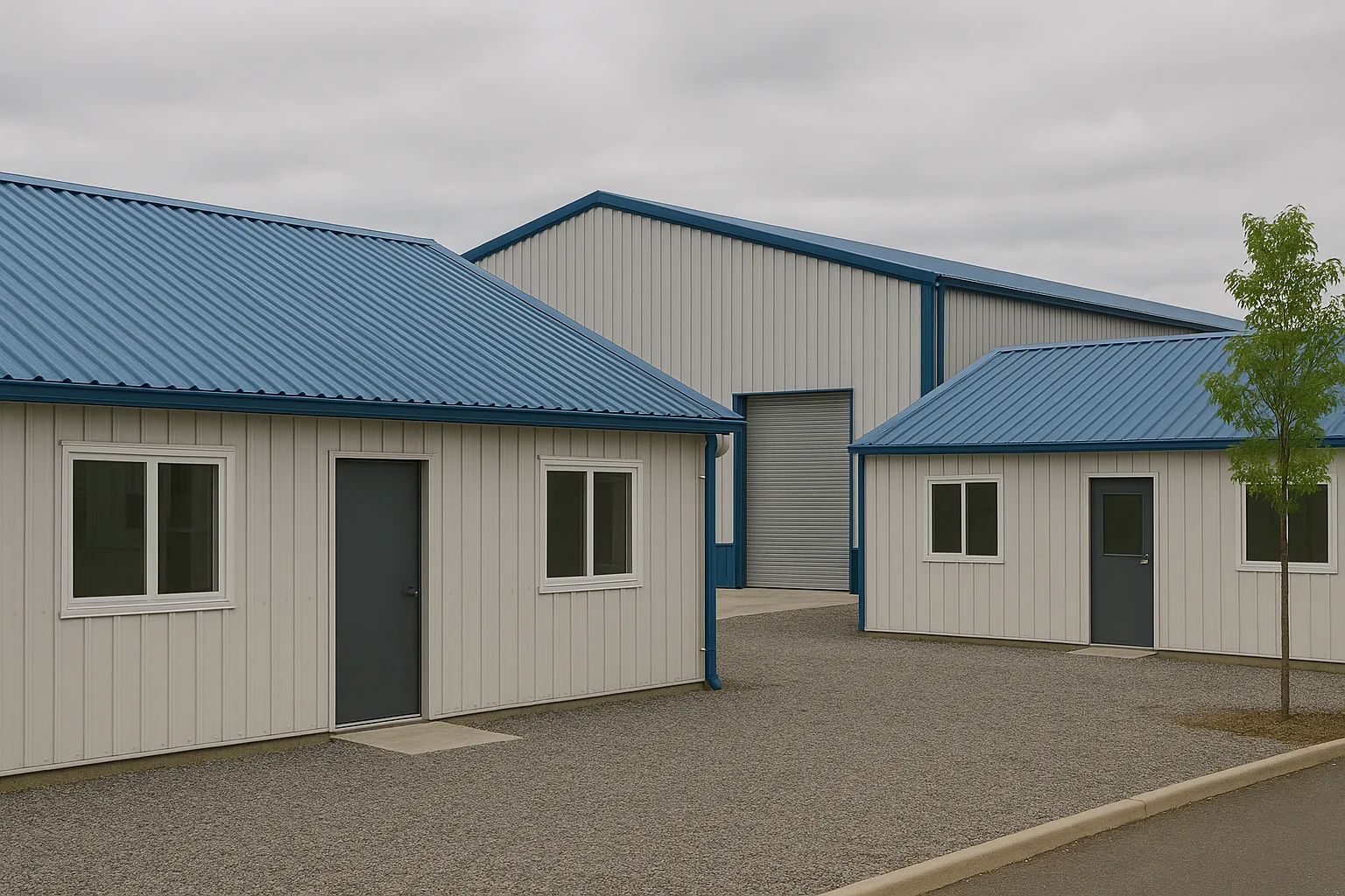 Prefabricated metal buildings with blue PPGI roofs in a modern industrial site
