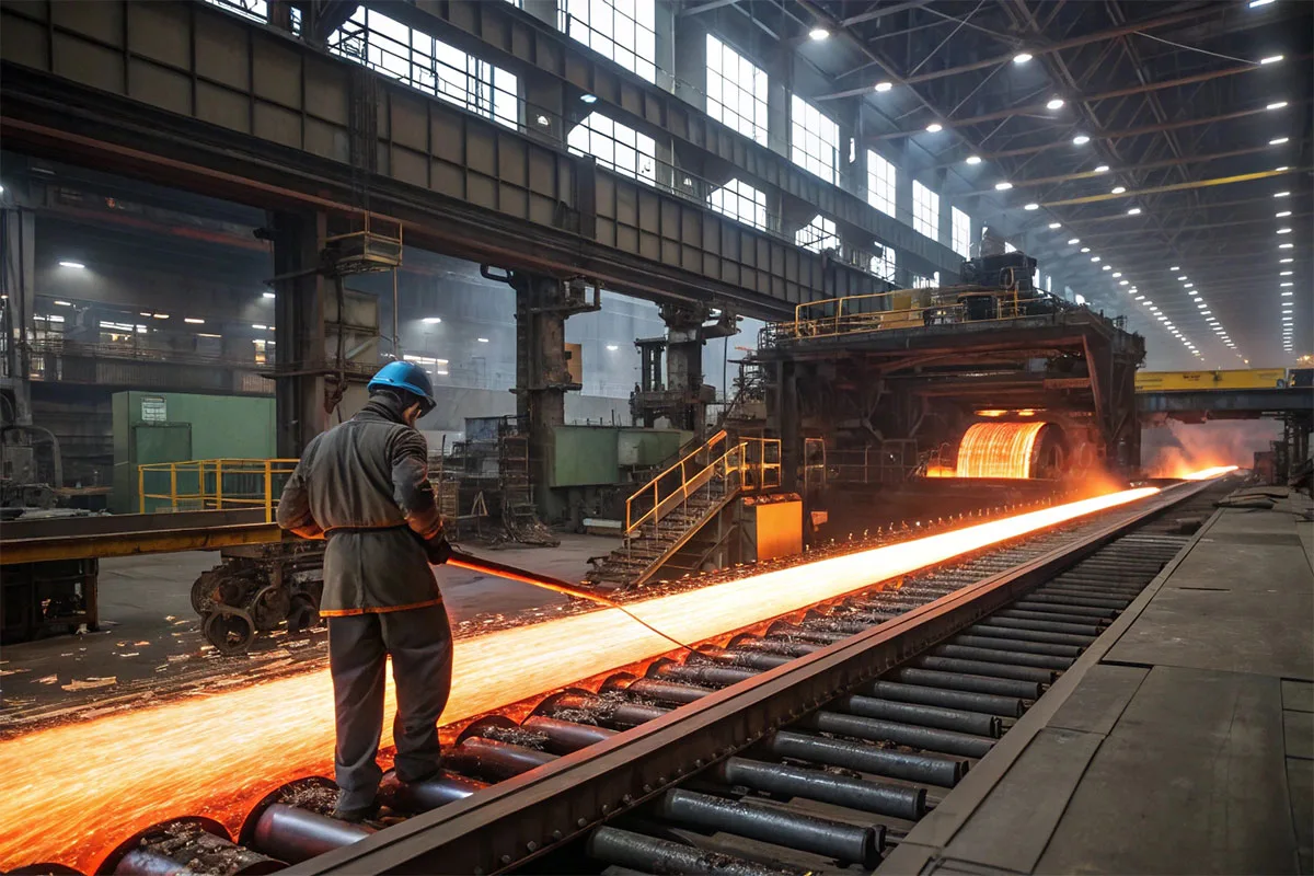 Hot rolled steel coils being processed in a modern steel production facility.