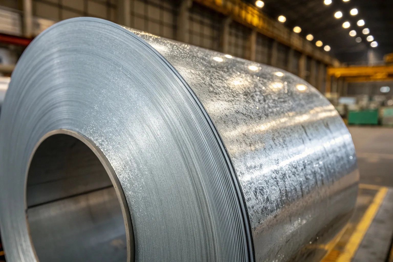 Close-up view of galvanized steel coil surface showing zinc spangle pattern