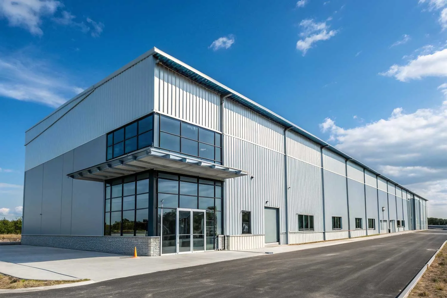 Modern industrial building with Aluzinc roof and wall cladding.