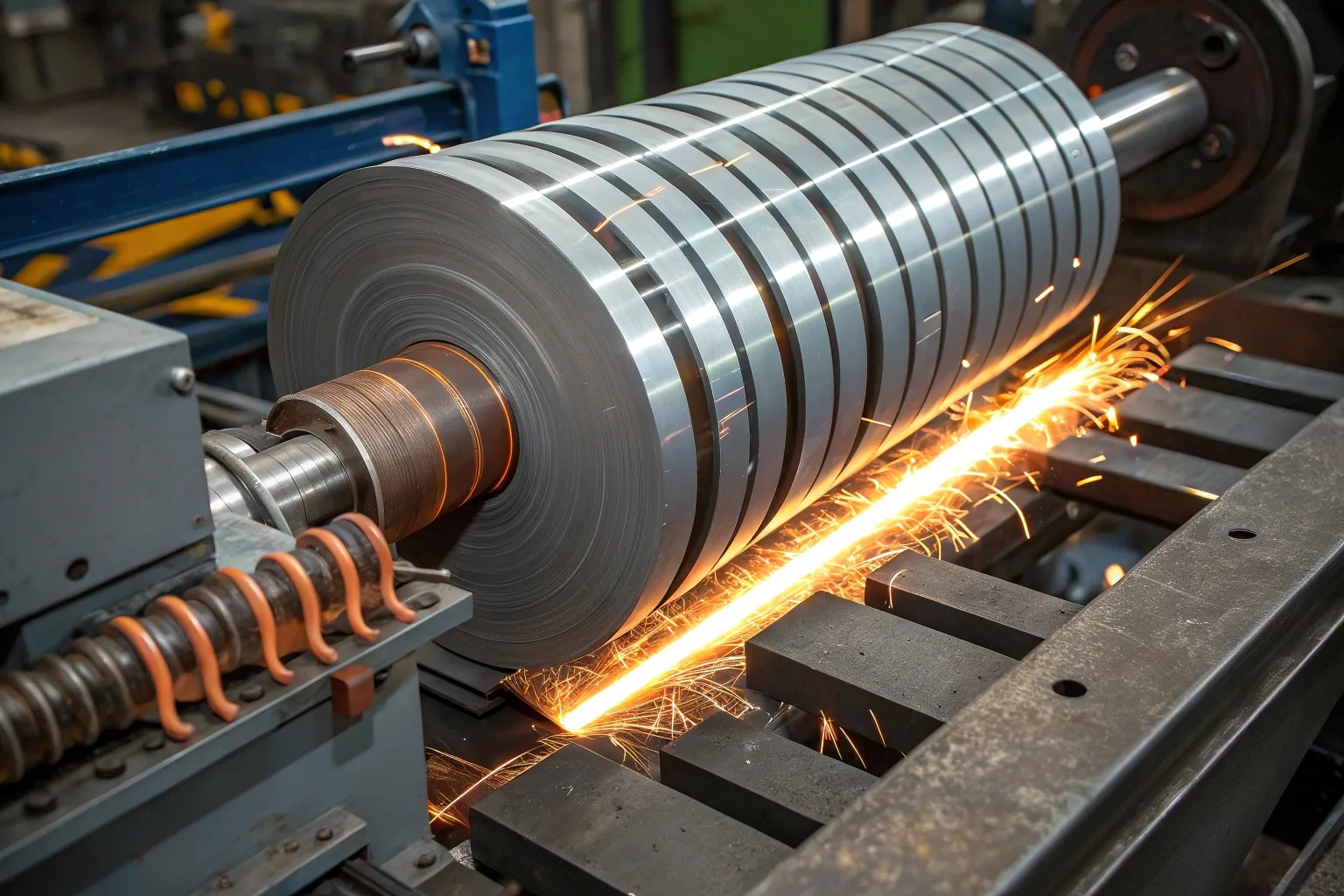 Precision slitting machine cutting steel coils into custom widths.