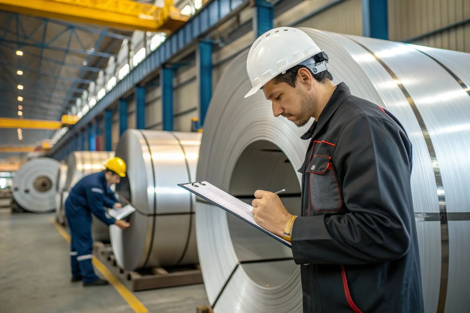 Engineer inspecting galvanized steel coils and verifying international standards