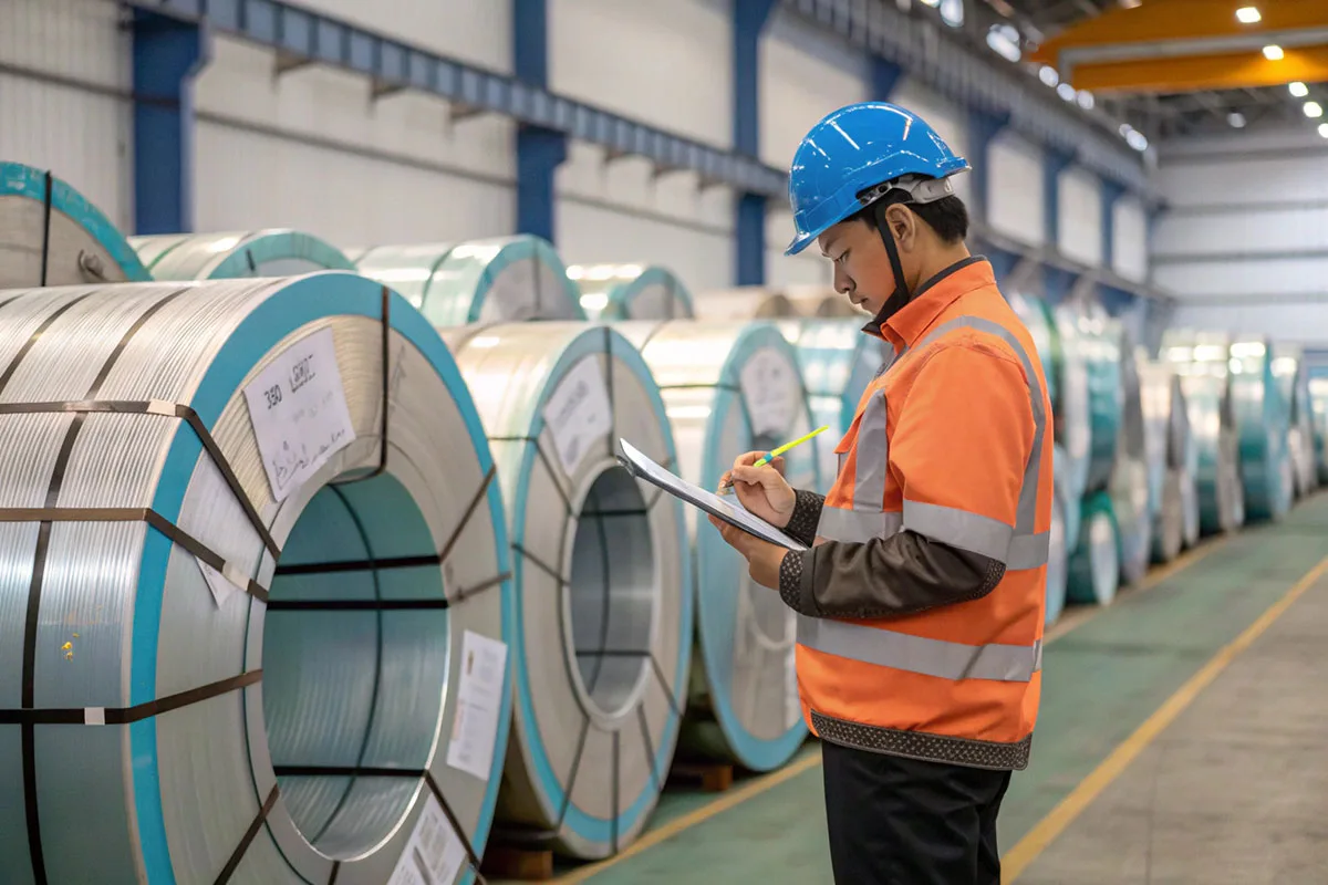 Engineer inspecting galvanized steel coil quality before export shipment.