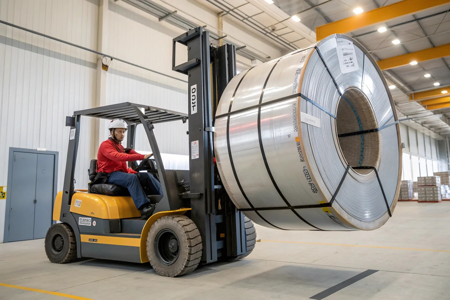 Forklift operator handling a packaged steel coil with padded forks and edge protectors to prevent damage.