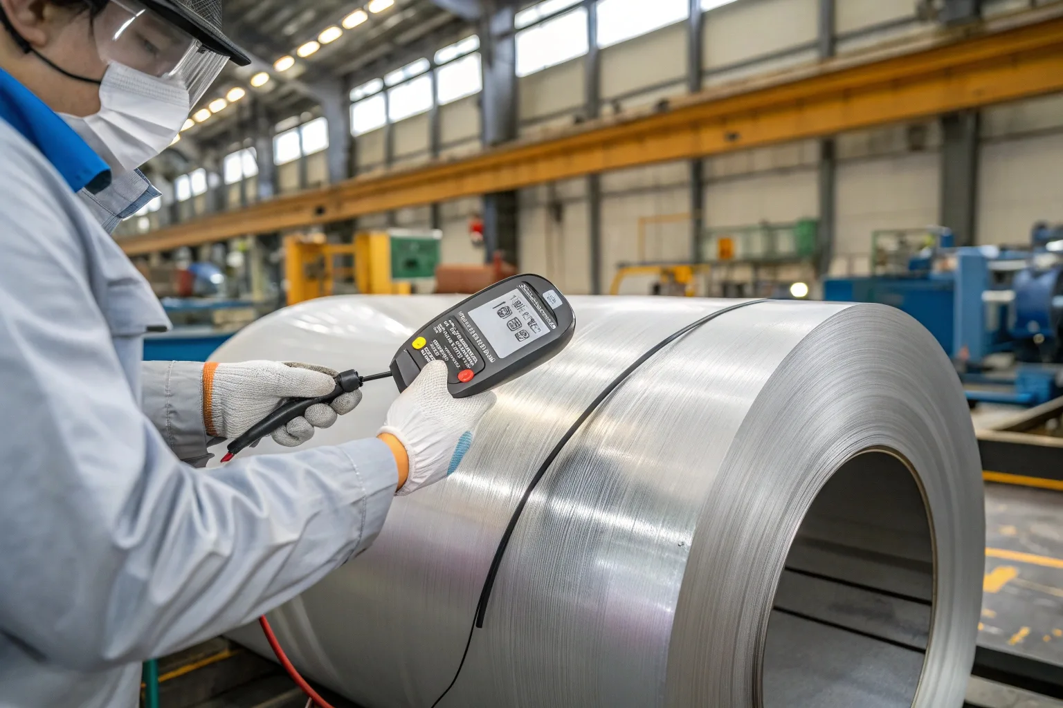 Technician testing zinc coating thickness on galvanized steel coil