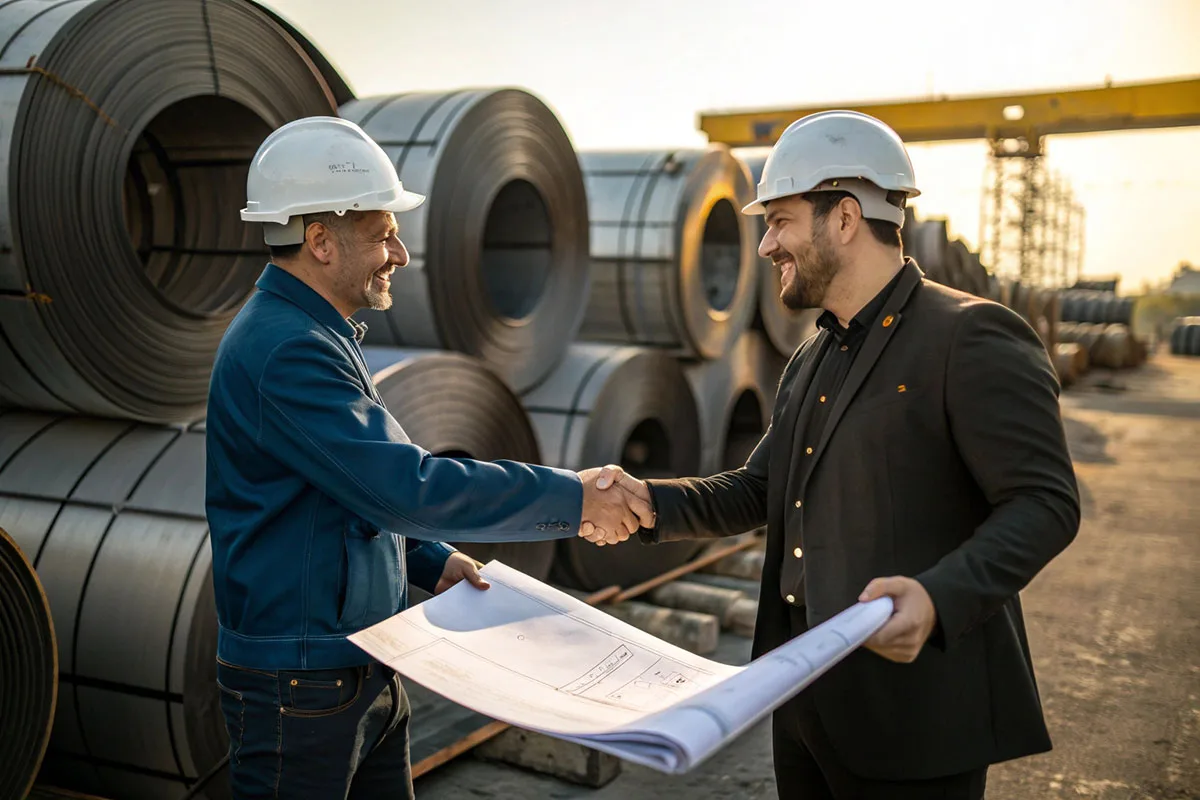Steel supplier and contractor collaborating on roofing steel project plans.