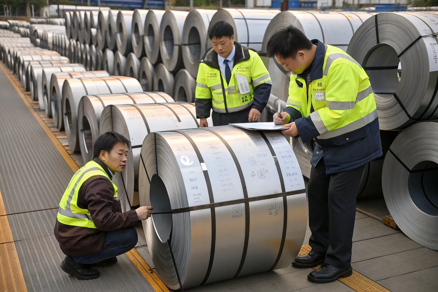 Warehouse staff inspecting incoming steel coils for signs of rust or transport damage.