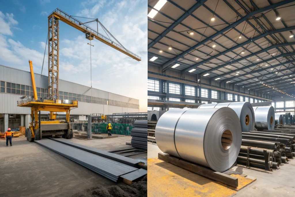 Split image showing hot-rolled steel used in a construction site on the left and cold-rolled steel used in appliance or roofing manufacturing on the right.