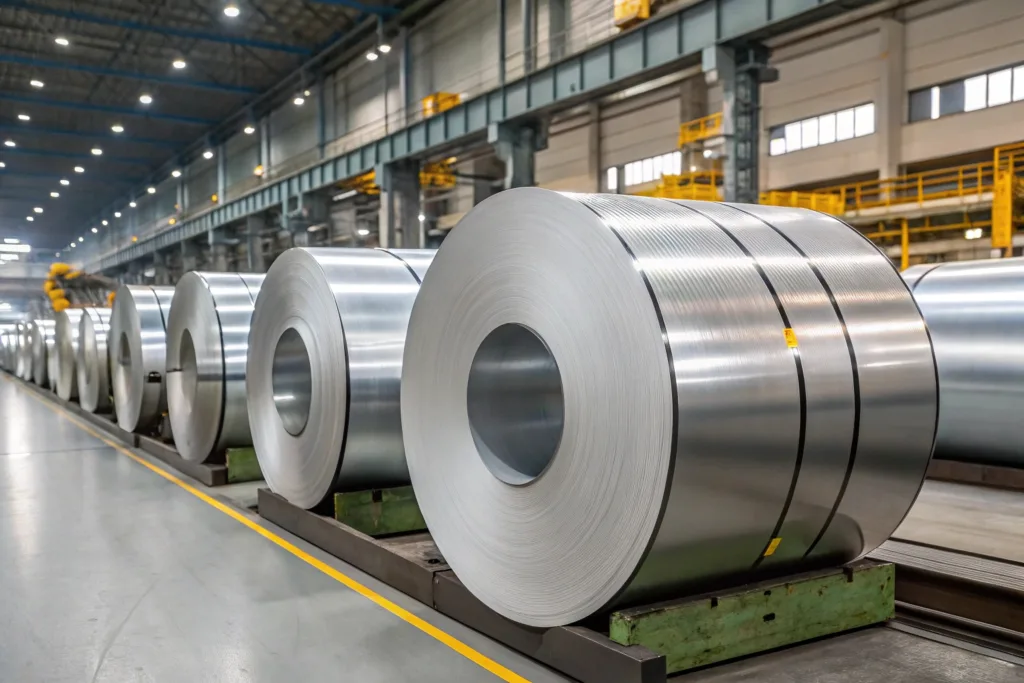 Silver-colored cold-rolled steel sheets on a production line with smooth reflective surface.