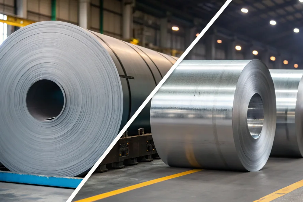 Visual comparison banner of hot-rolled (left) and cold-rolled (right) steel sheets.