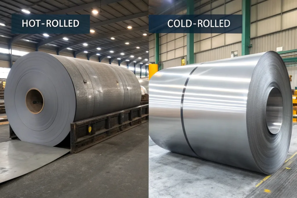 Side-by-side comparison of deep-gray hot-rolled steel and silver cold-rolled steel highlighting differences in surface finish and thickness.
