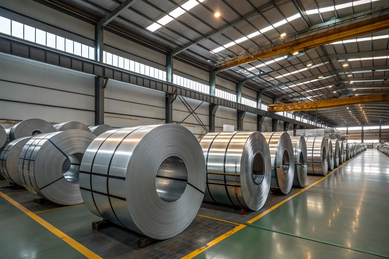 Large steel coil warehouse with stacked galvanized coils under daylight in an industrial plant.