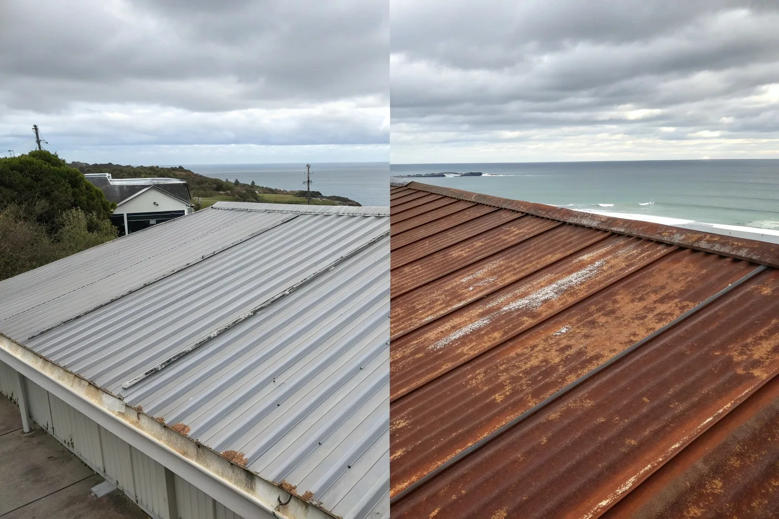 Two metal roofing panels side by side near coastline showing corrosion difference between galvanized and galvalume surfaces.