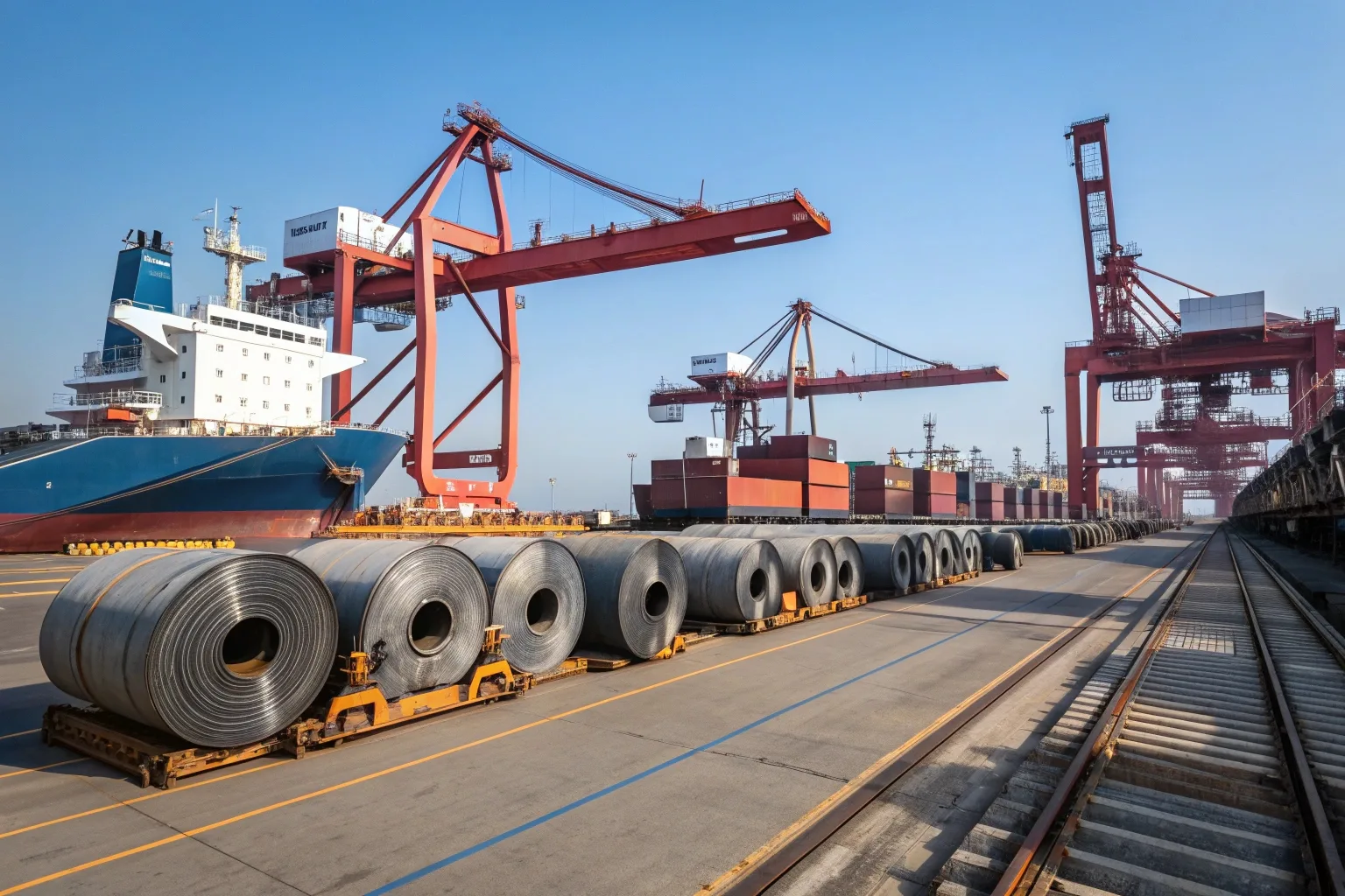 Busy container port in Asia with steel coils being loaded for export under blue sky.
