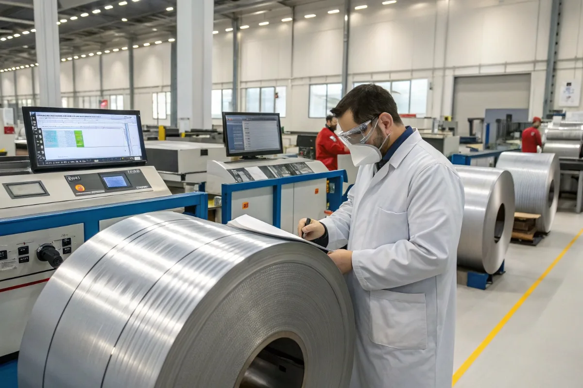 Inspector checking steel coils before export shipment