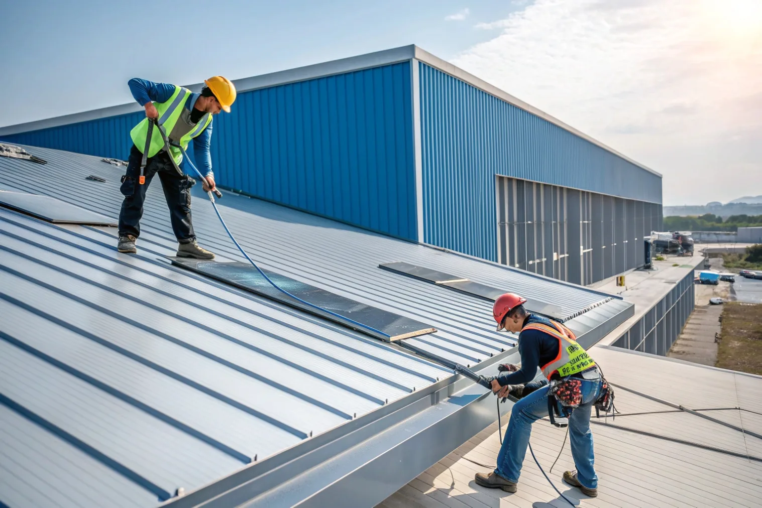 Roofing team installing galvalume metal sheets on industrial building under bright sunlight.