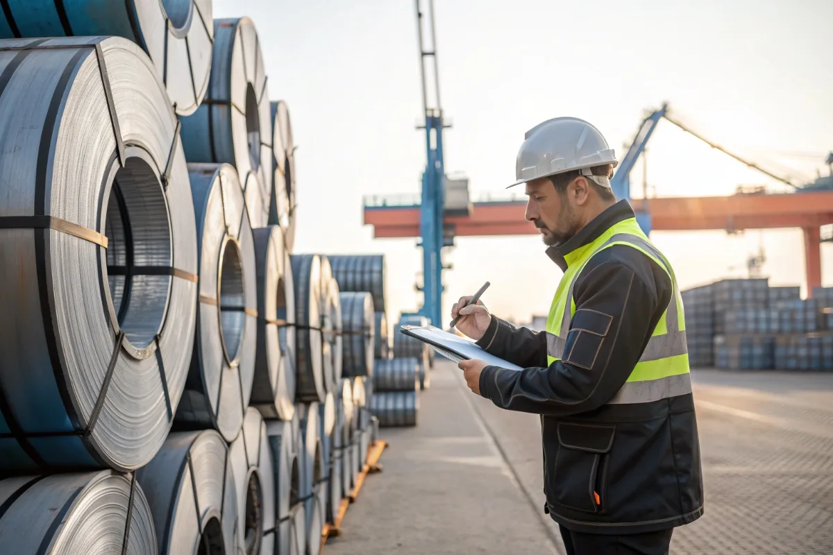 Engineer performing tensile test on galvanized steel coil sample