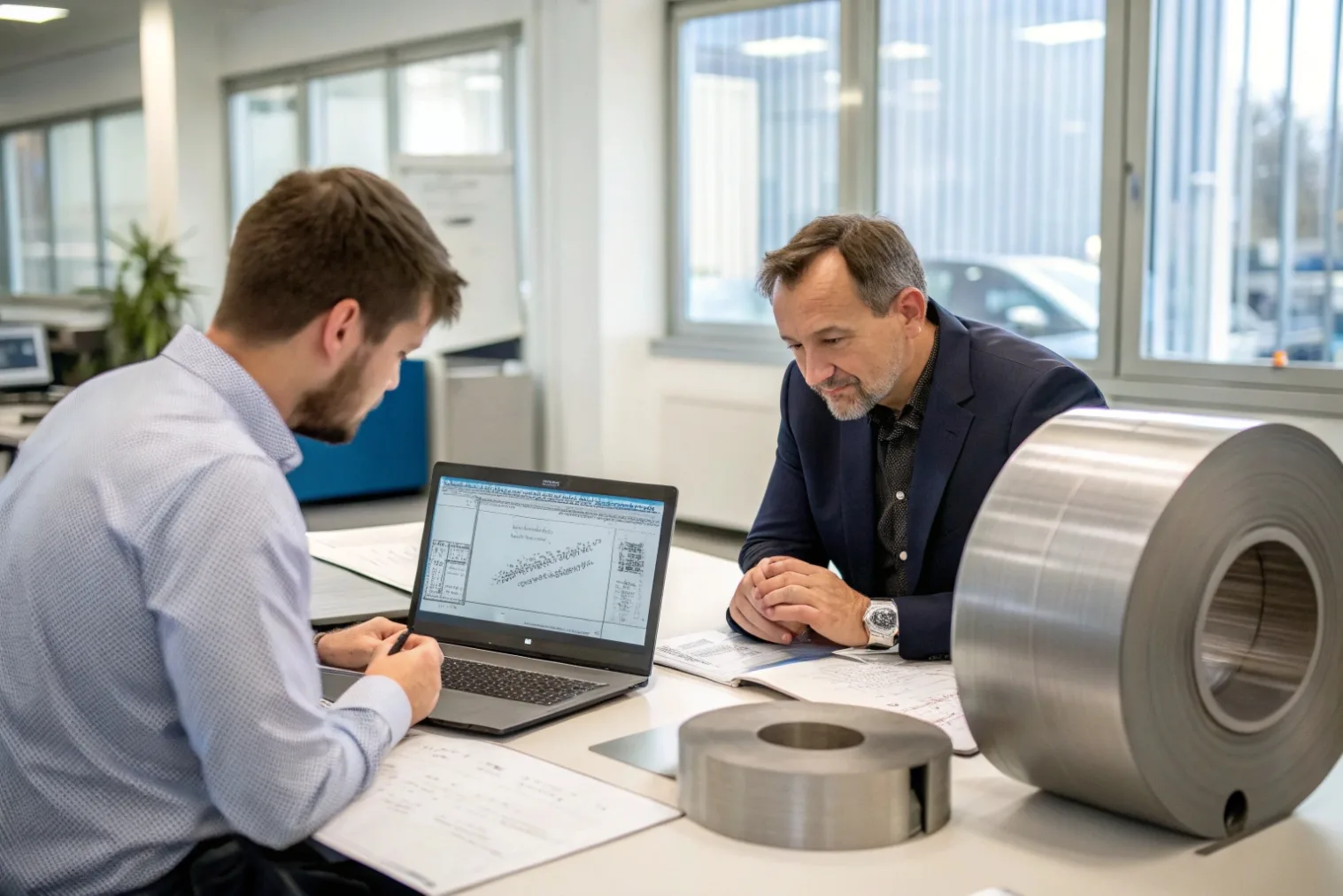 Buyer and supplier reviewing steel sheet specifications to match ASTM, EN, or JIS standards.