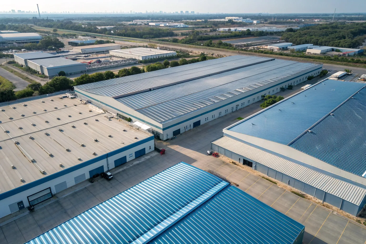 Aerial view of large industrial complex with shiny galvalume and galvanized roofs under sunlight.