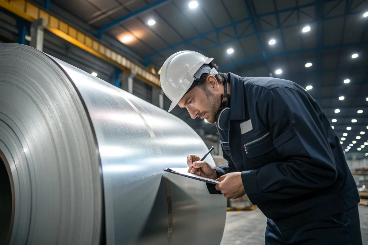 Quality inspector checking steel coil surface defects before shipment