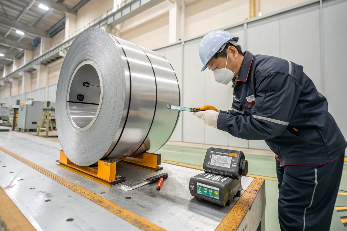 Measuring steel coil thickness and width during pre-shipment inspection