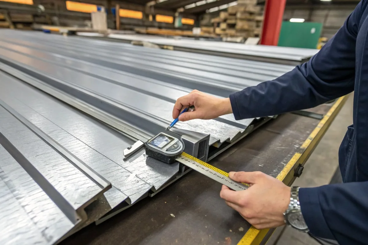 Measuring steel sheet thickness for roofing projects in a factory environment