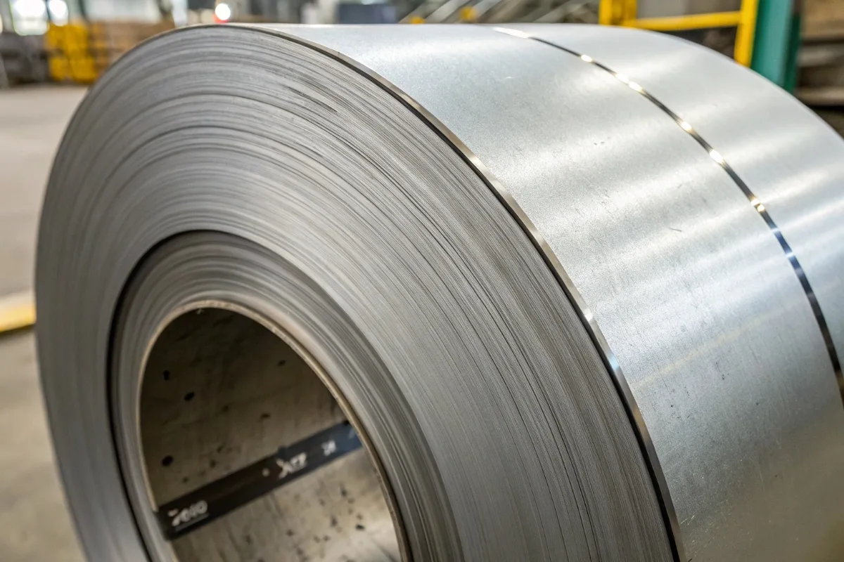 Close-up of steel coil edge showing surface damage and coating defects