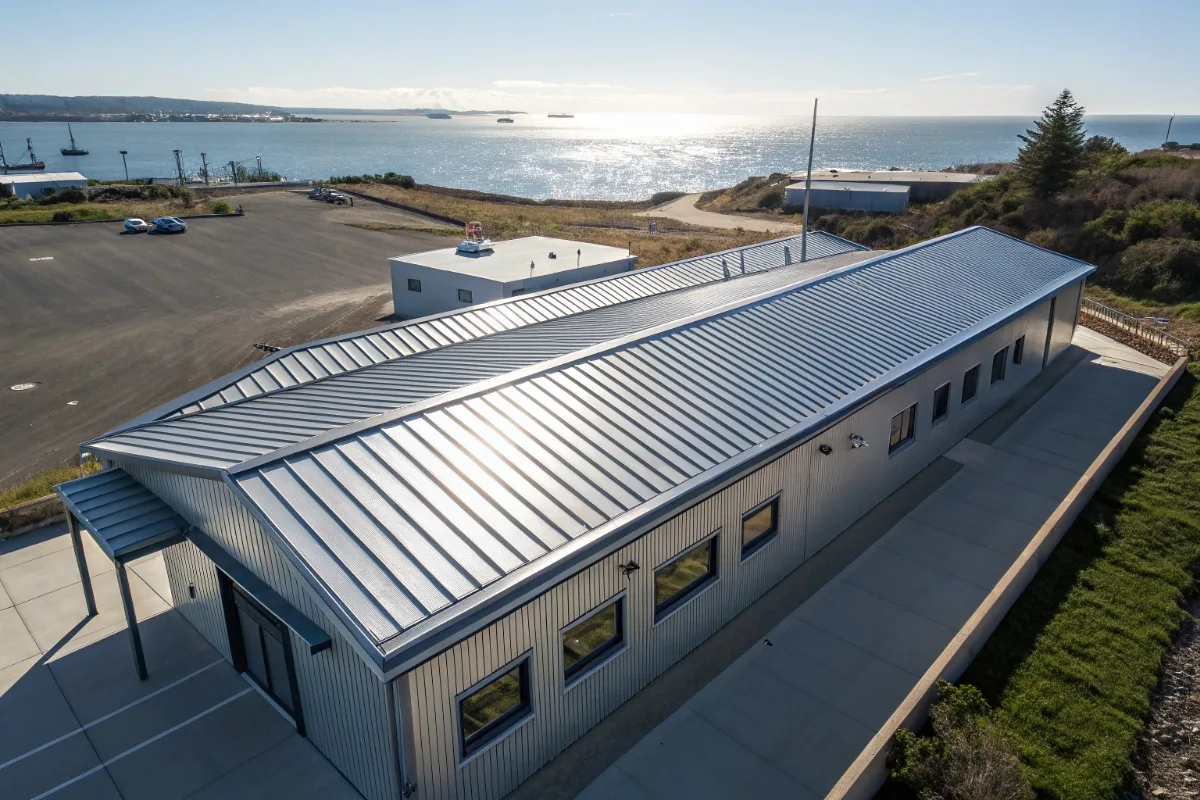 Industrial building roof using aluminum-zinc coated steel panels