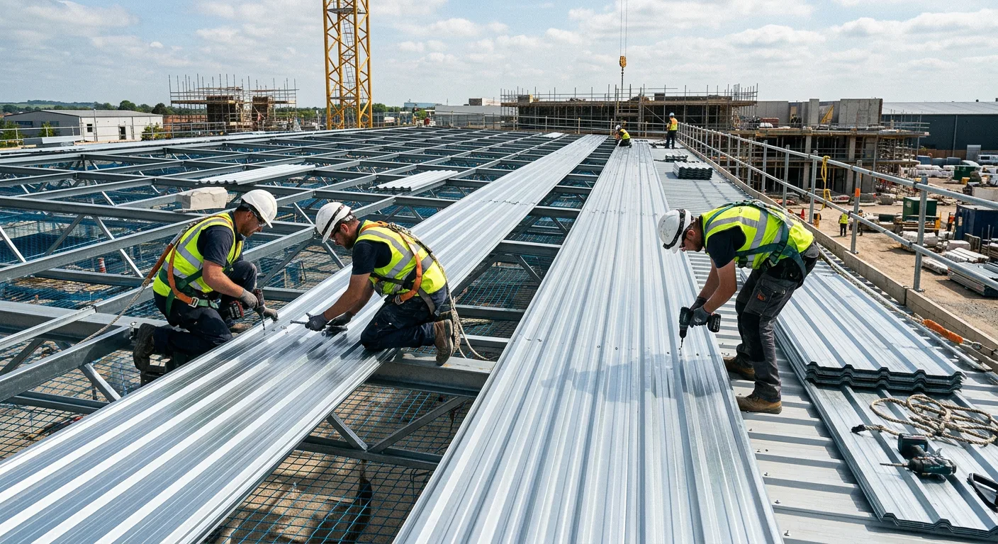 Installation of metal roofing sheets with fasteners on construction site