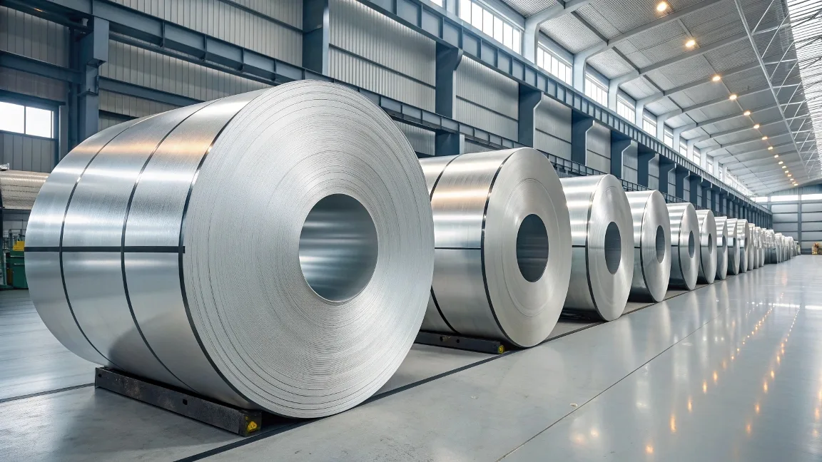 Large galvanized steel coils arranged neatly in a modern factory warehouse, symbolizing strength and quality in industrial manufacturing.