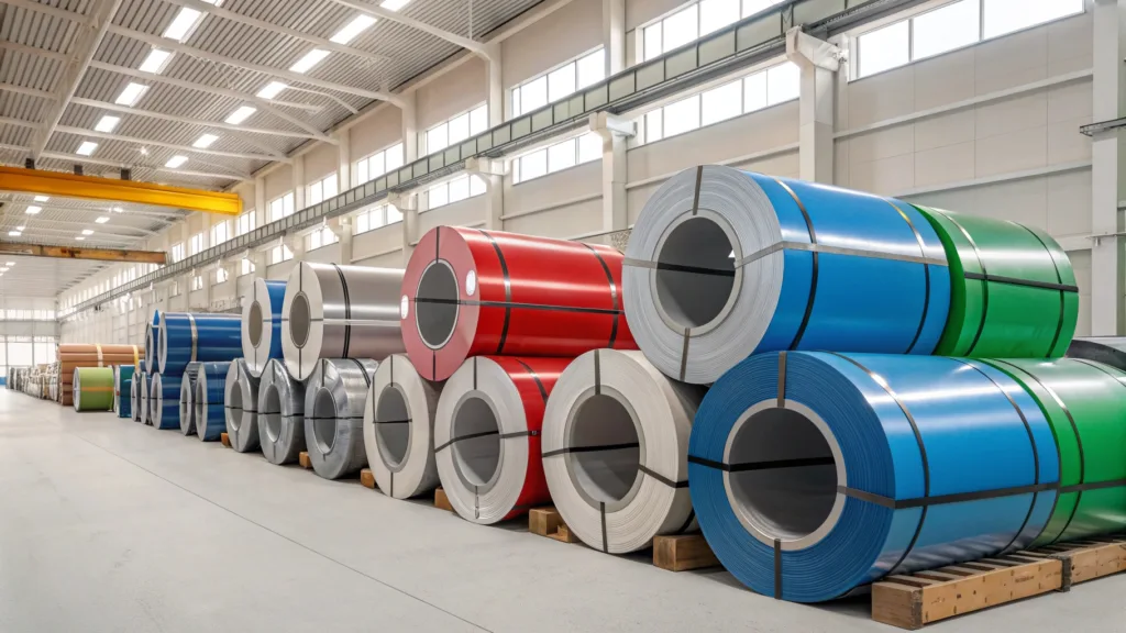 Colorful PPGI steel coils stacked in a modern warehouse, representing durable and aesthetic materials for modern construction.