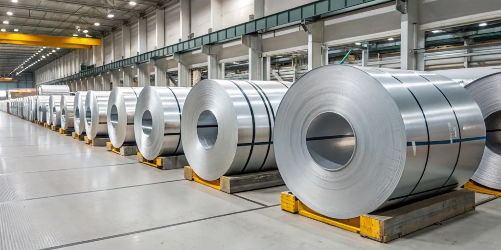 Modern steel factory with Aluzinc steel coils stacked in warehouse.