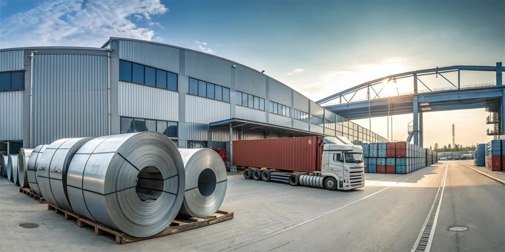 Panoramic view of steel coils and logistics trucks representing the roofing steel supply chain from mill to roof.