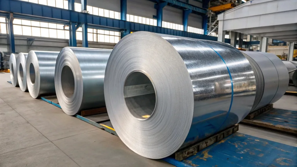 Comparison image of galvanized and galvalume steel coils under daylight showing coating texture differences.
