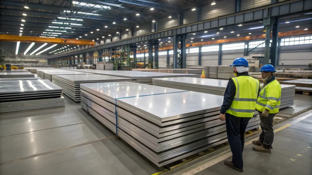 Stacked steel sheets in a modern factory meeting international ASTM, EN, and JIS standards.