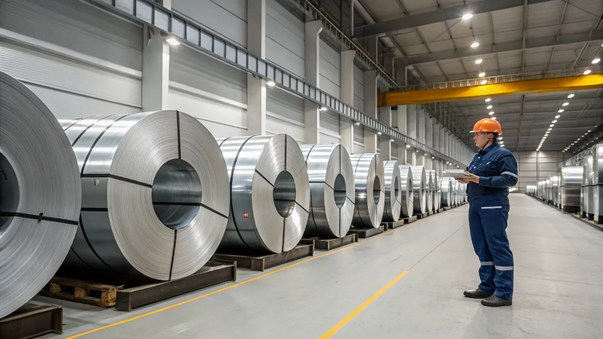 Steel coils stored in factory warehouse ready for pre-shipment surface inspection