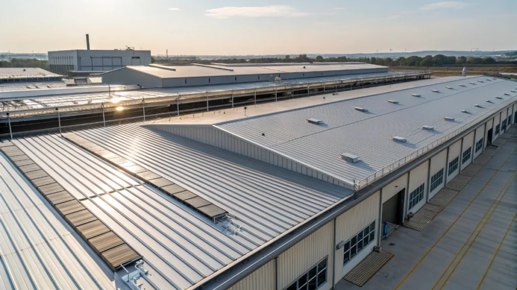 Steel roofing sheets installed on industrial buildings showing strength and durability