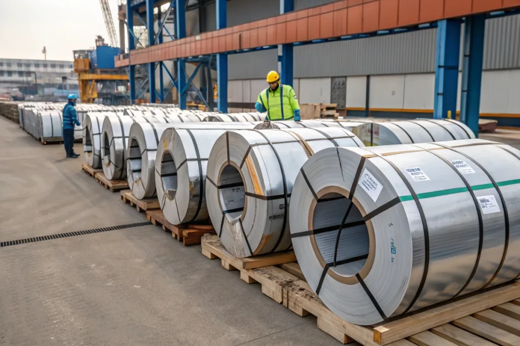 Steel coils properly packaged with edge protection for overseas transport