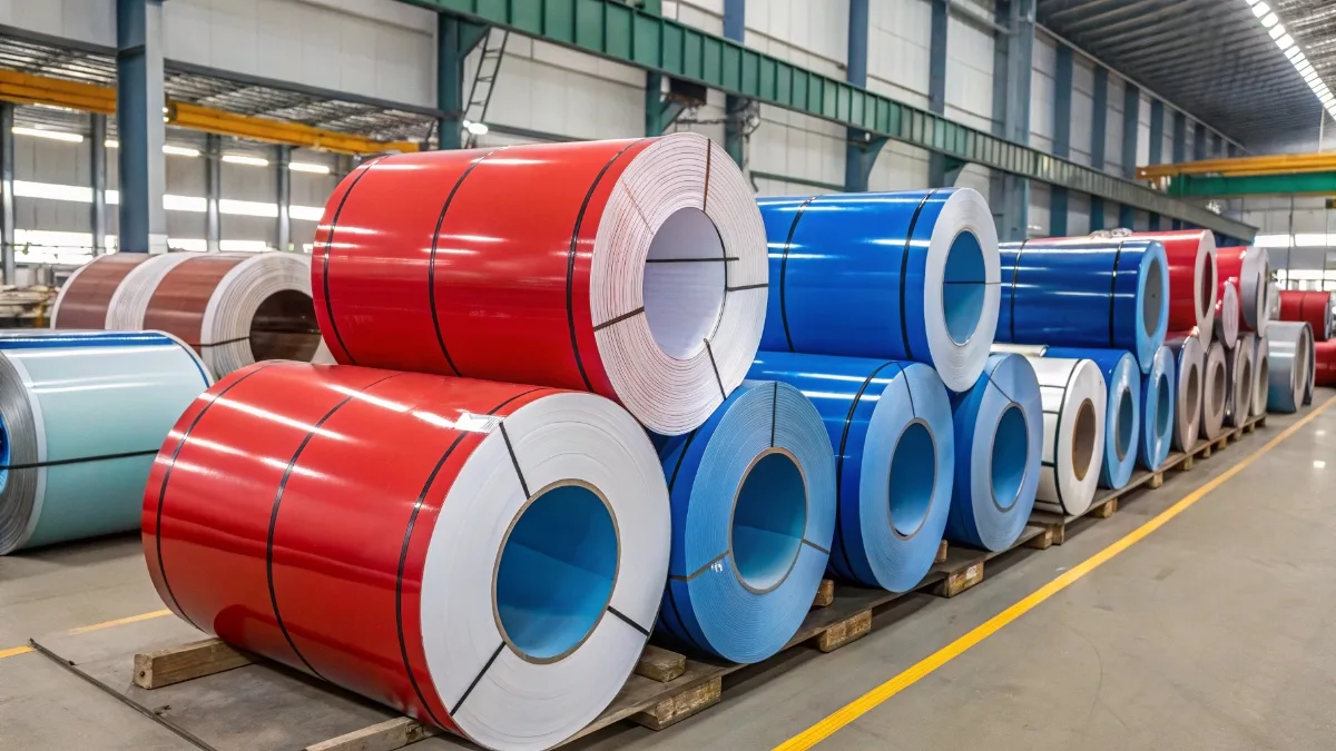 Color coated PPGI steel coils stored in warehouse for roofing and construction