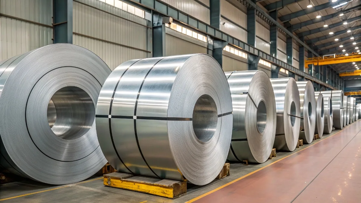 Alu-zinc coated steel coils stored in warehouse for construction and roofing applications